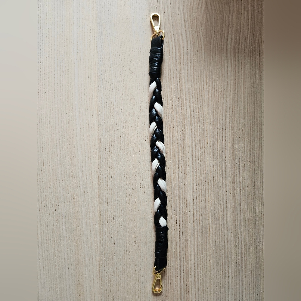 Black White Braided Leather Shoulder Strap with Gold Hardware